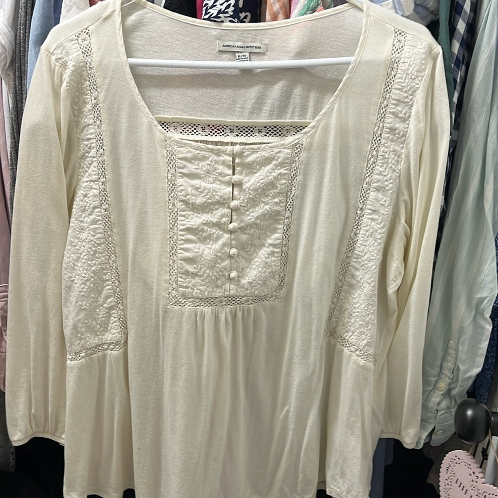 Pre-loved American Eagle White Blouse with Lace Details: XL